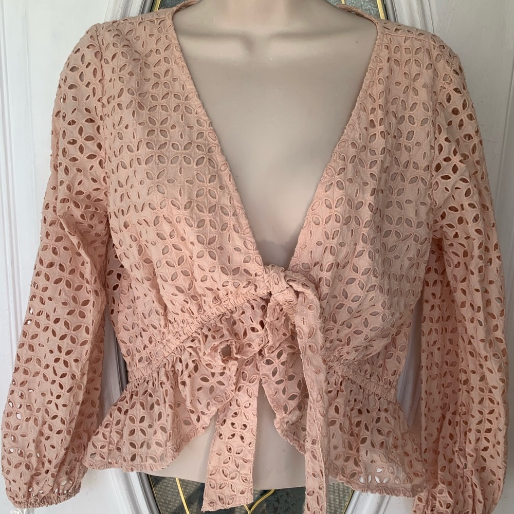 O’Neill Lined Blush Pink Tie-Front Eyelet Top